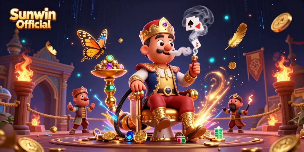 Experience the excitement of Sunwin Official with vibrant casino-themed 3D art featuring a hookah-master and glowing elements.