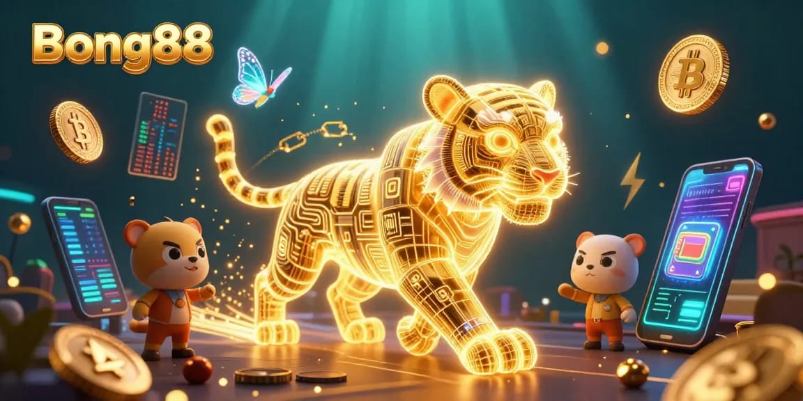 Bong88 offers a thrilling casino experience with a neon tiger and digital elements in a vibrant gaming environment.