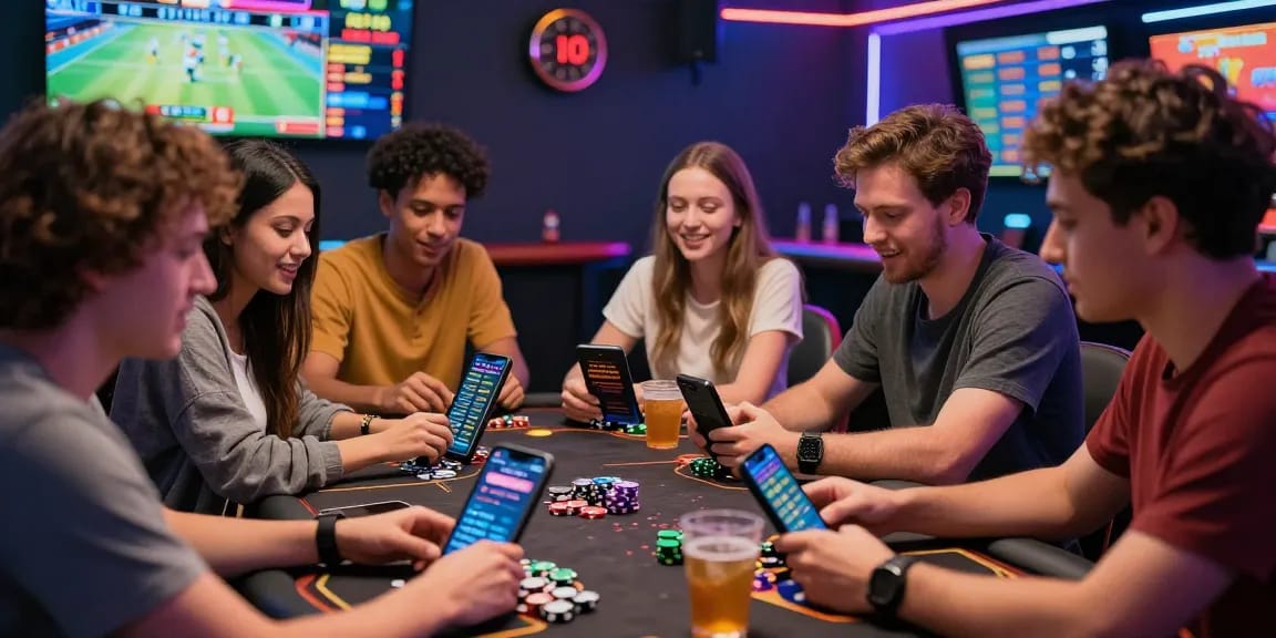 Friends enjoying gaming strategies on Betebet with colorful casino atmosphere and vibrant betting odds displayed.