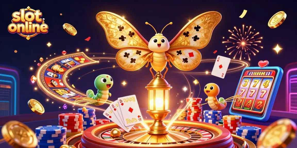 Permainan slot online yang menarik dengan gulungan mesin slot dan koin emas melayang.
