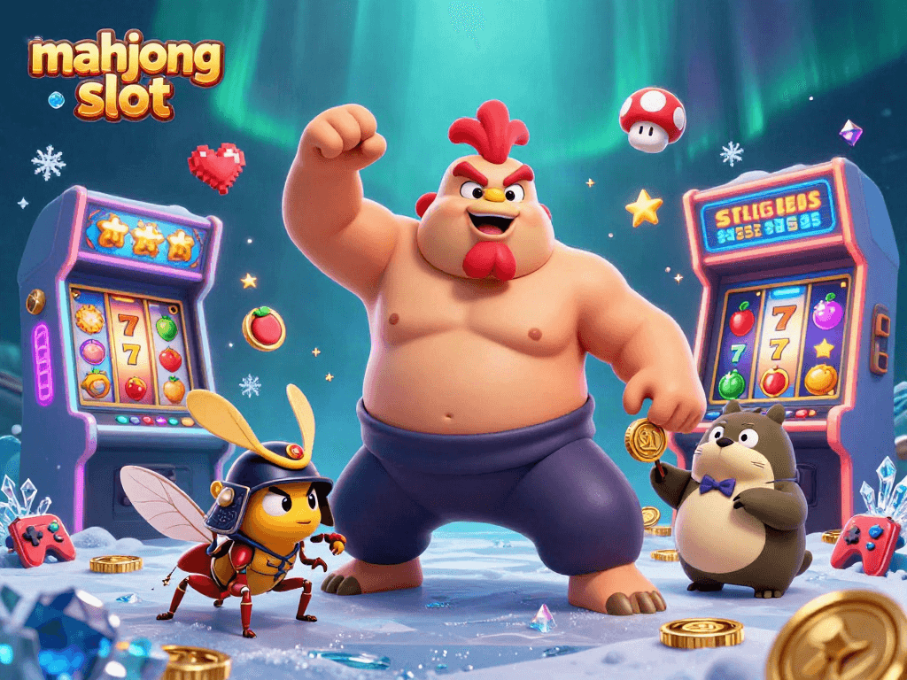 Experience the thrill of mahjong slot with an energetic sumo wrestler rooster and fireworks at the casino