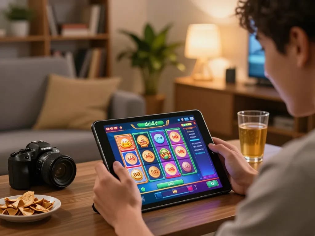 Player engaging with oli4d online slots on tablet, showcasing colorful gaming interface in a cozy home setting.