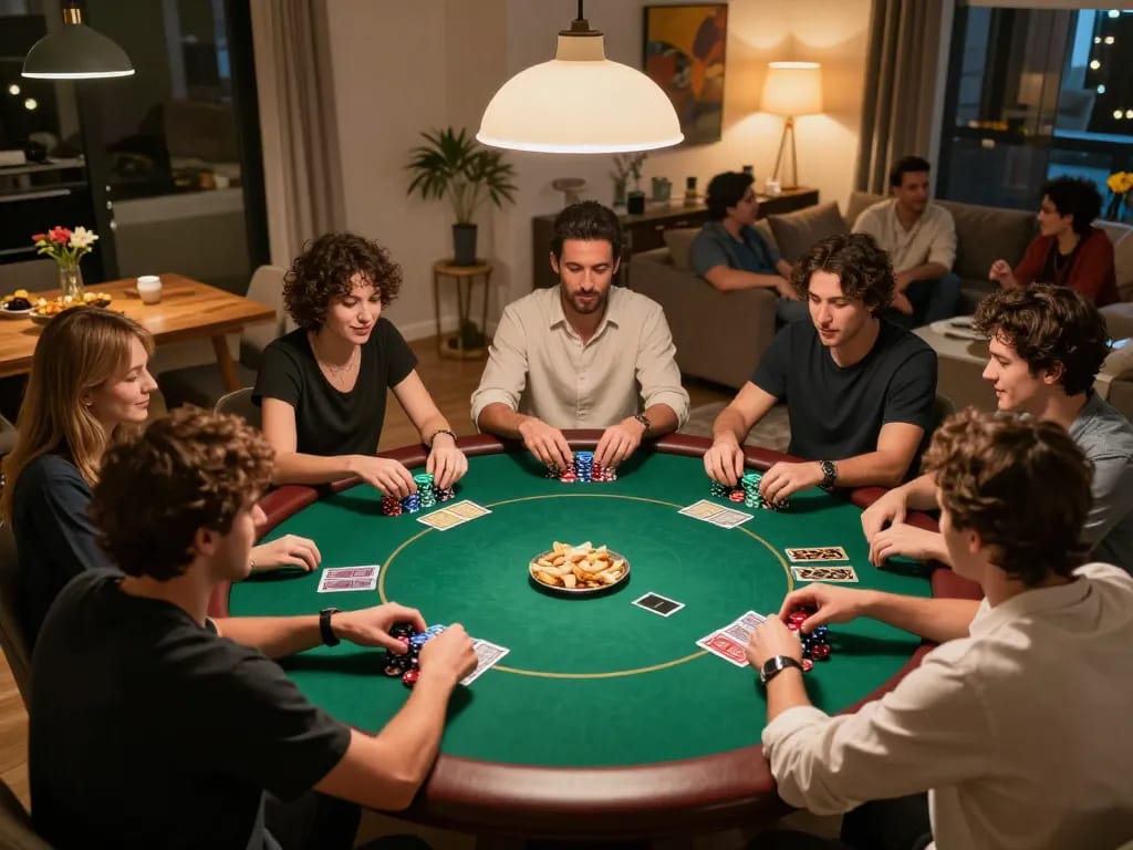 situs slot gacor friends enjoying an exciting poker night with chips and cards at home