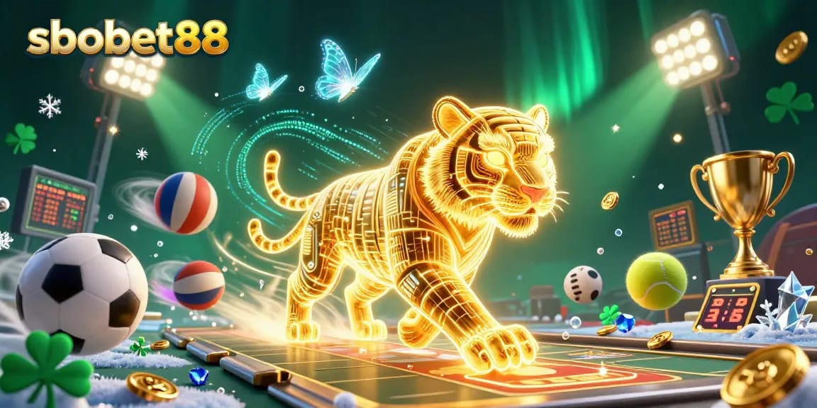 Experience sbobet88's thrilling action in a vibrant digital casino scene with dynamic sports elements.