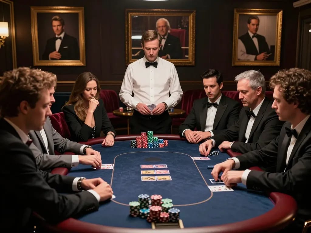 Players enjoying a high-stakes poker game at a luxurious VIP poker lounge while using taisunwin strategies.