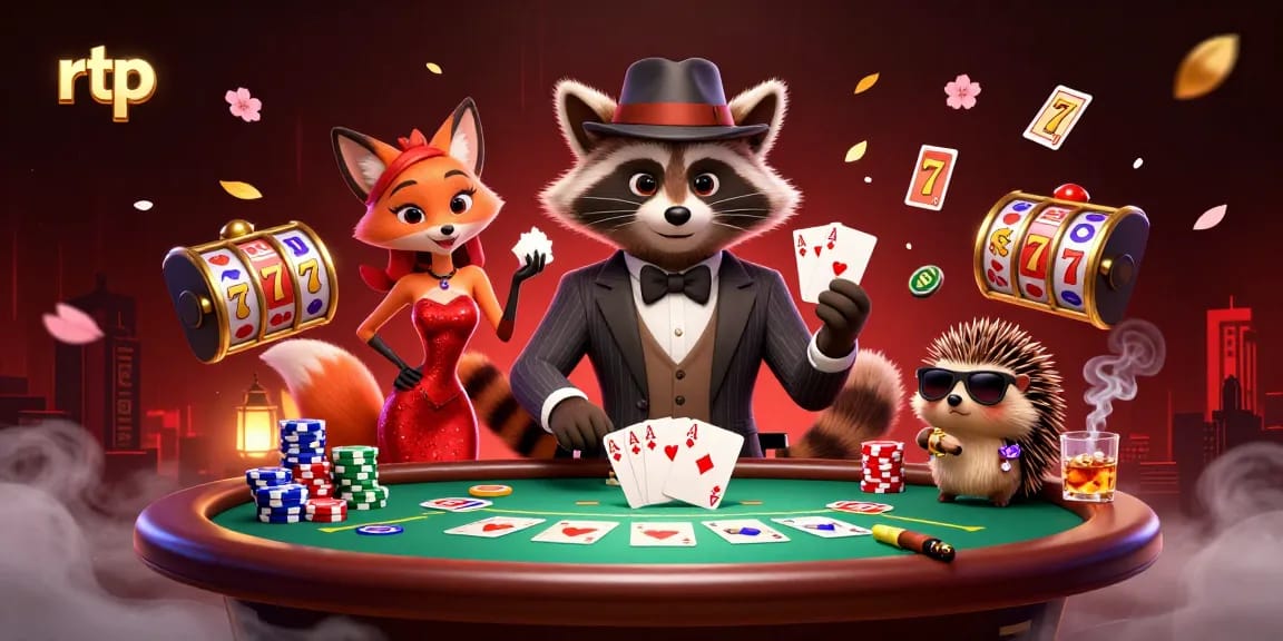 Engage with rtp gaming excitement through our vibrant 3D casino image featuring a raccoon, fox, and hedgehog at a slot table.