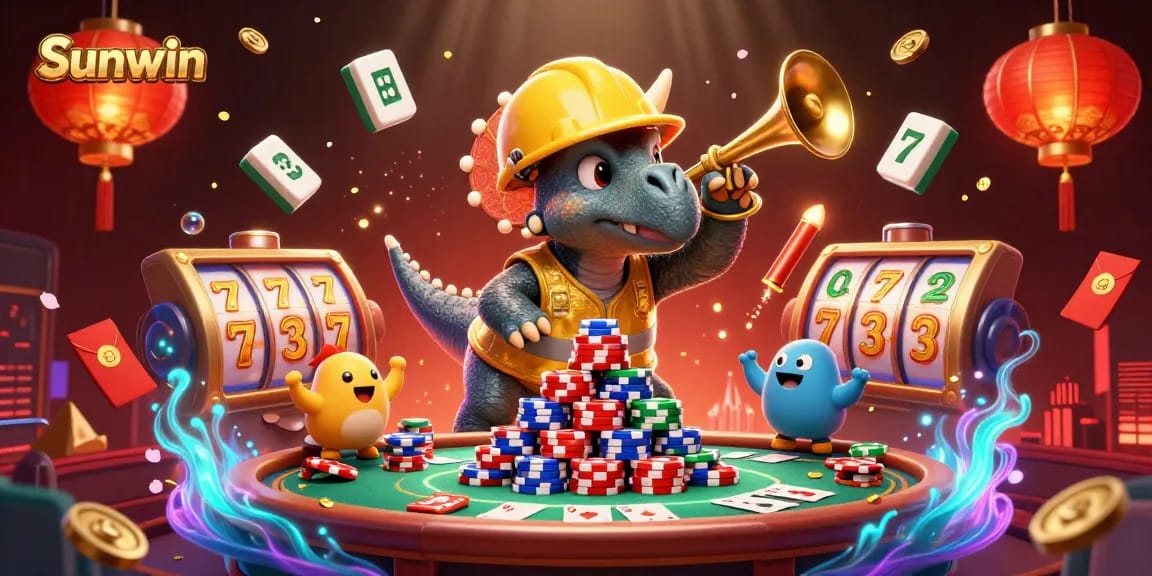 Engage with Sunwin's dynamic casino games featuring a joyful triceratops and friends celebrating with poker chips.