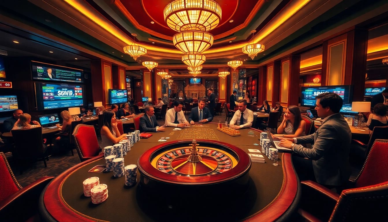A vibrant casino scene at 68VIP.COM showcasing poker, chips, and excitement in a luxurious setting.