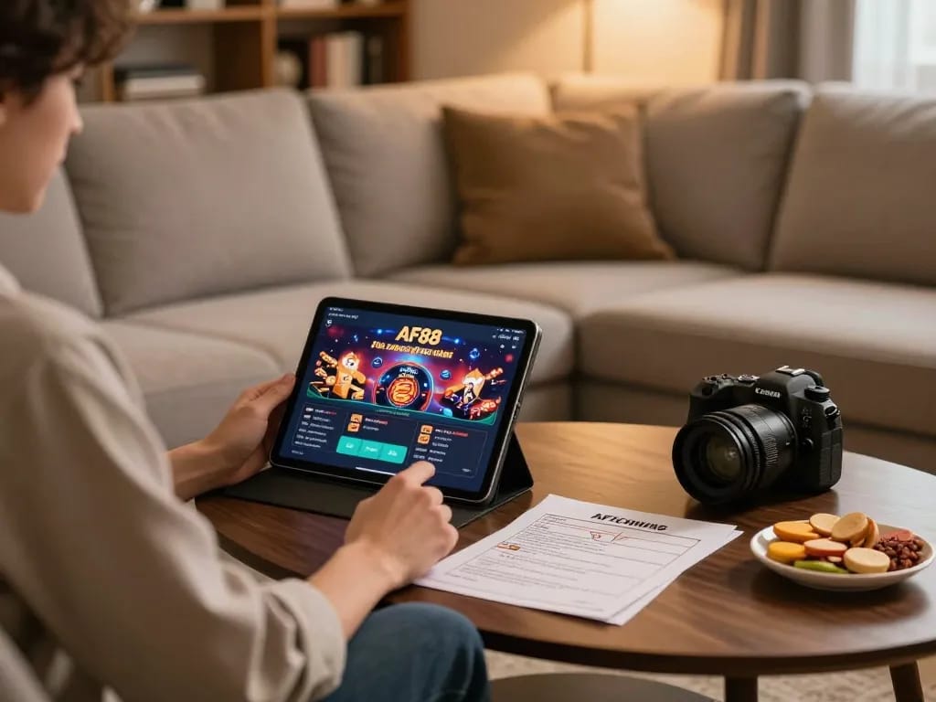 Experience AF88 gaming with a cozy online session at home using a tablet and strategy notes.
