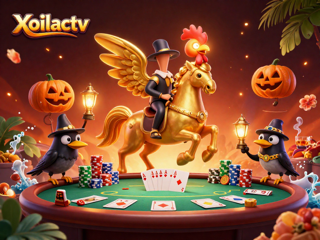 Xoilactv showcases a golden rooster headless horseman in a vibrant casino scene with poker elements.
