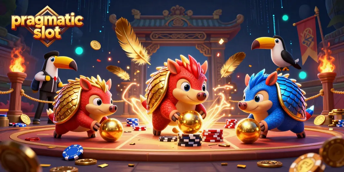Engage with pragmatic slot excitement as rival pangolins compete amidst vibrant casino elements.