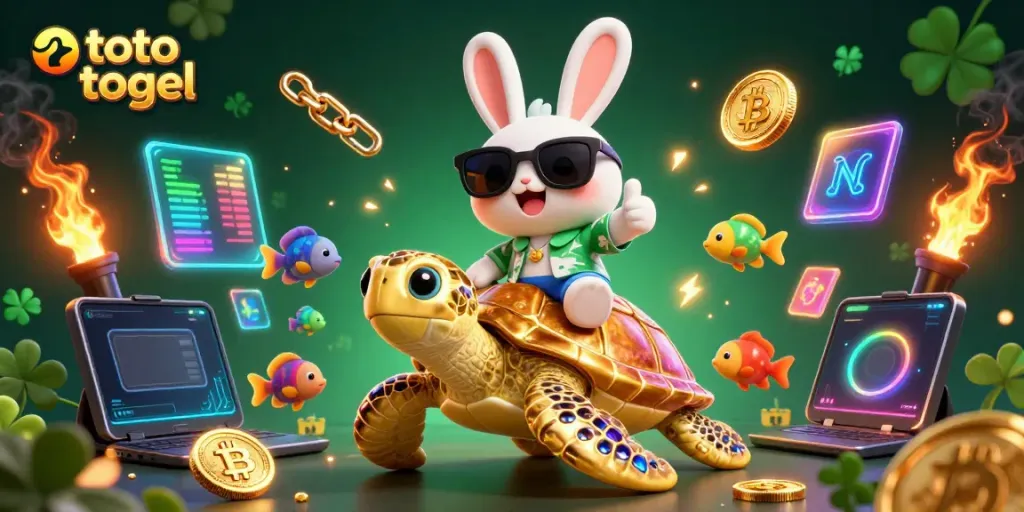 Experience thrilling toto togel excitement led by a lucky rabbit and sea turtle in a vibrant 3D scene.