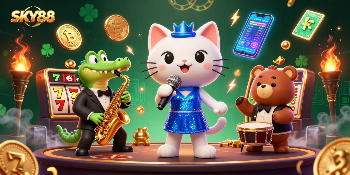 Engage with SKY88's dynamic casino scene featuring a jazz cat and vivid slot elements.