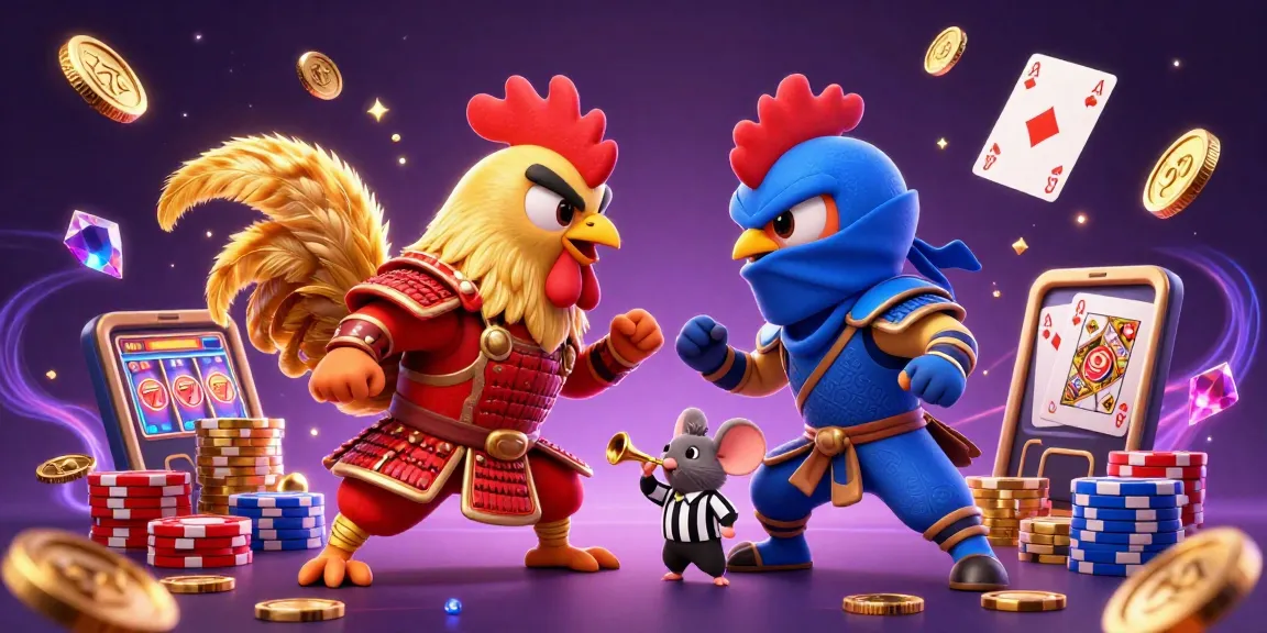 Slot online: Ayam jantan bertarung di arena kasino dengan tumpukan koin emas dan kartu bermain lainnya.
