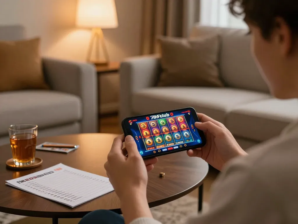 Player enjoying gaming session on 789club mobile app with strategic notes in modern home.