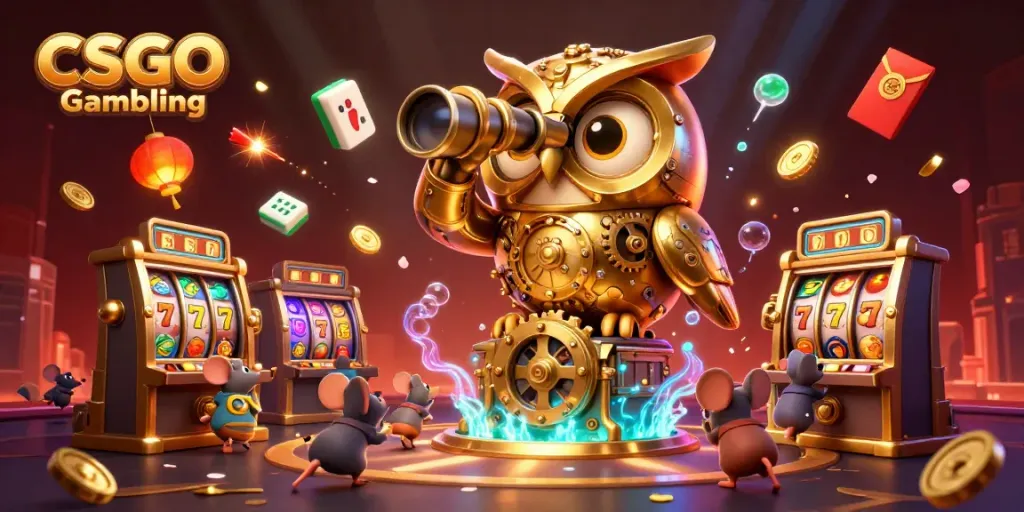 Engaging scene of CSGO Gambling featuring slot machines, a clockwork owl, and festive elements.
