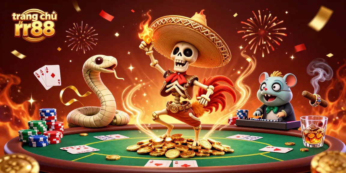 Experience vibrant gaming action at trang chủ rr88 with a lively 3D illustration featuring a dancing mariachi rooster.