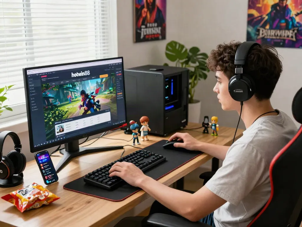Engaged gamer using hotwin88 platform in vibrant home office, modern setup.