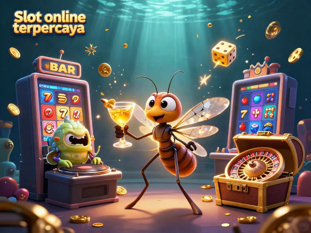 Slot online terpercaya dengan simbol jackpot berkilau dan karakter unik dalam ilustrasi 3D.