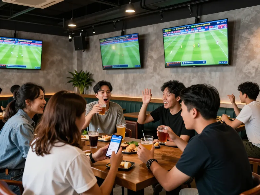 Friends enjoying sports betting and viewing keonhacai odds together in a lively atmosphere.