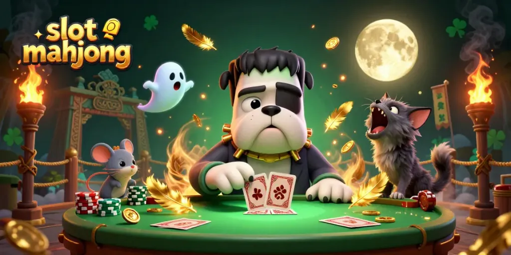 Menggunakan permainan slot mahjong, anjing Frankenstein bertema kasino menangani kartu di meja menyeramkan.