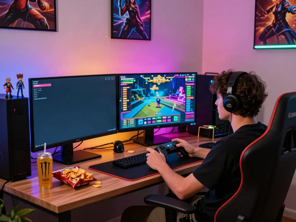 Engaged gamer at home playing akunjp slot games on a vibrant setup.