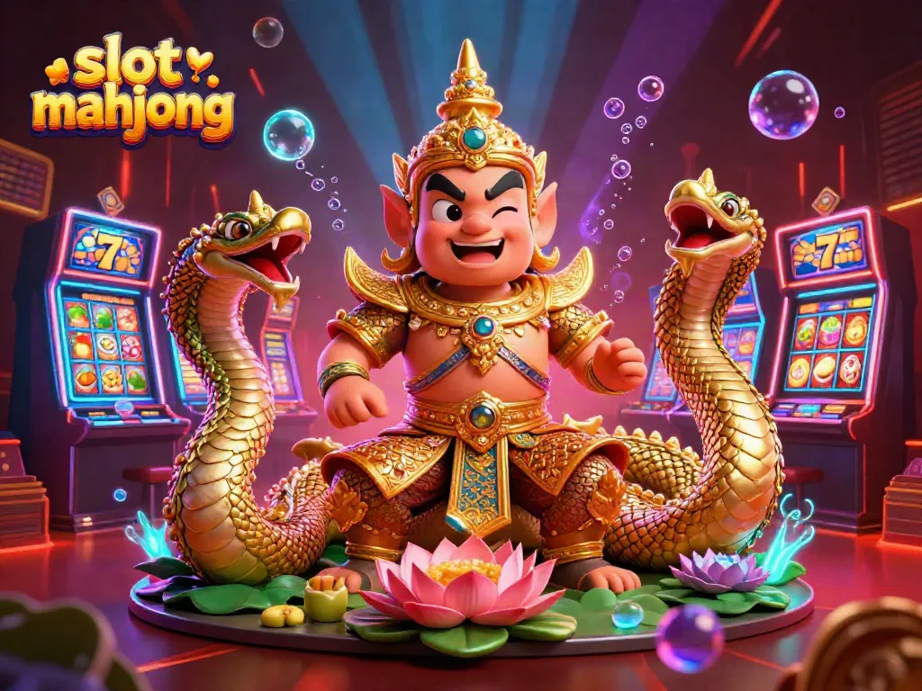 Experience slot mahjong action with a vibrant Thai temple guardian and dynamic casino elements.