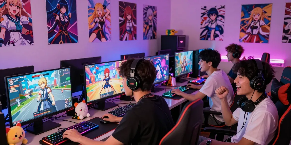 Players enjoying an ecchi game in a vibrant online gaming hub, surrounded by gaming gear and colorful graphics.