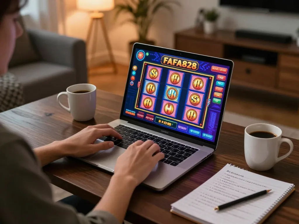 ฉากการเล่นเกมออนไลน์ FAFA828 ที่น่าสนใจพร้อมผู้เล่นที่สนุกกับเกมสล็อตบนแล็ปท็อปในบรรยากาศที่อบอุ่นภายในบ้าน