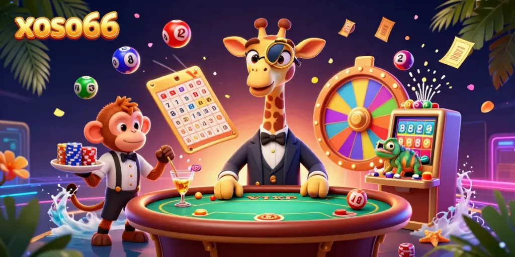 Engage with exciting xoso66 casino games, highlighted by vibrant cartoon characters and dynamic elements.