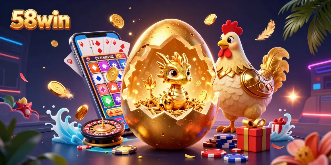 Experience thrilling gaming at 58win with a sparkling scene of a golden dragon and casino elements.