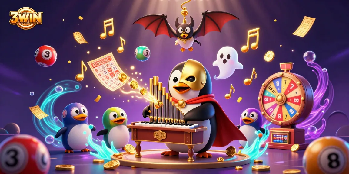 Engage with thrilling 3WIN gaming experiences through a vibrant 3D illustration of dynamic lottery elements and playful characters.