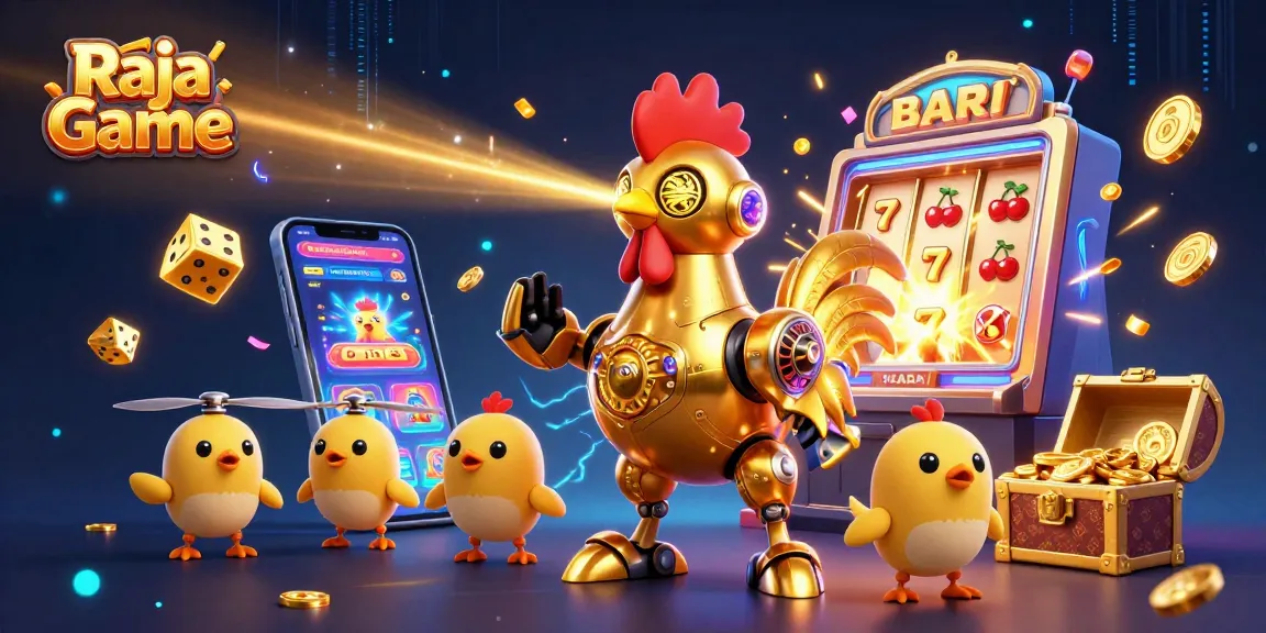 Experience the thrilling Raja Game with a vibrant 3D illustration featuring a golden rooster robot amidst casino games and rewards.
