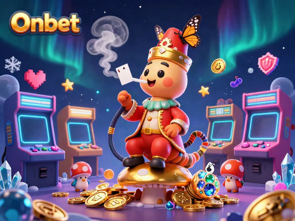 Experience excitement and winning potential at Onbet’s vibrant 3D casino scene full of game symbols and treasures.