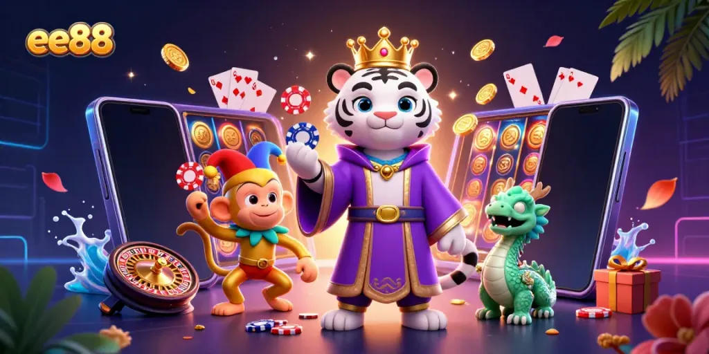 Engage with ee88's exciting online gambling scene featuring a dynamic casino atmosphere with lively characters.