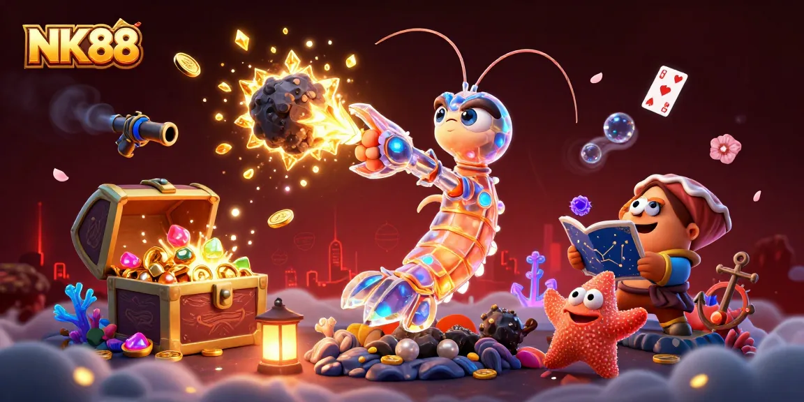 Experience vibrant action in NK88 with characters bursting through treasures, gems, and casino elements.