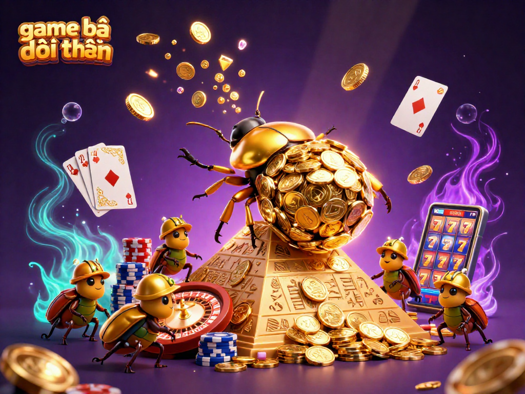 Experience game bài đổi thưởng with a vibrant scene of golden beetles rolling coins and casino symbols.