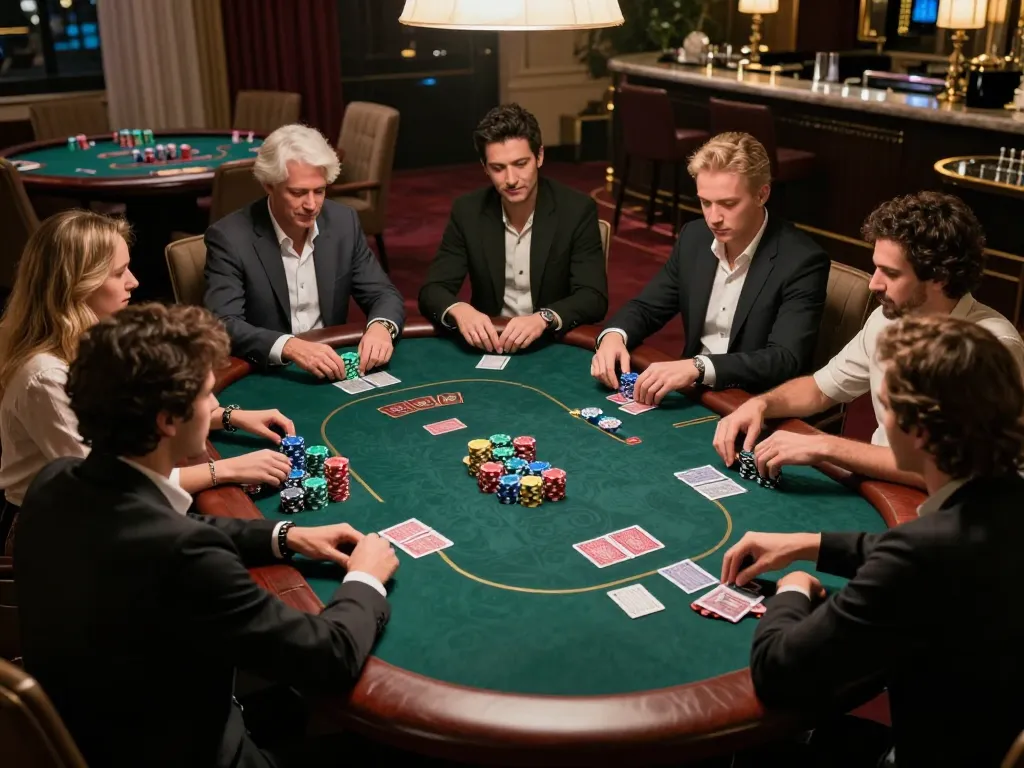 Players strategizing at the f8bet poker table during a high-stakes game night.