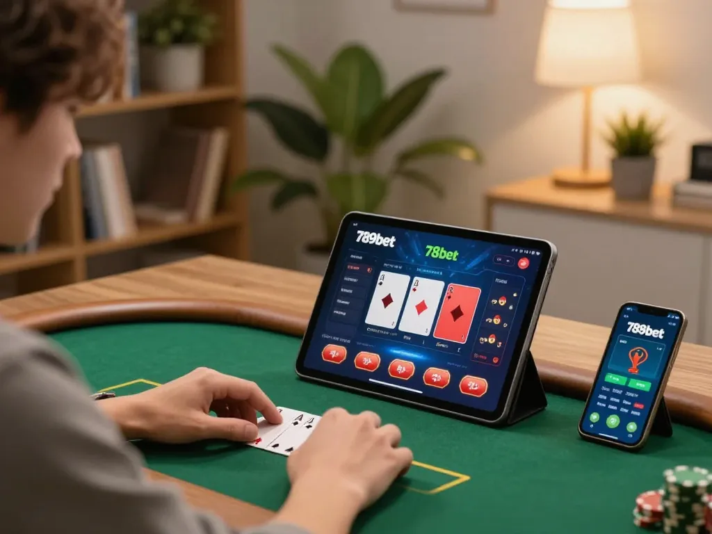 Engaged player strategizing poker on 789bet app in cozy home setup