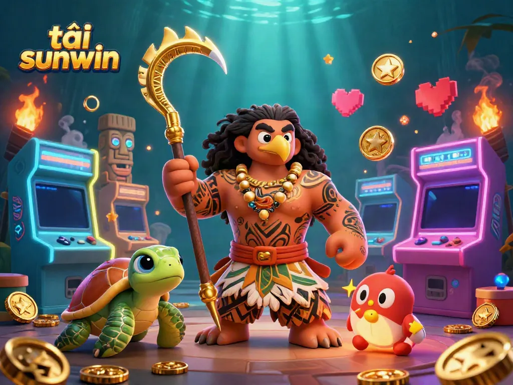 Experience the thrill of tải sunwin with vibrant arcade elements and animated characters in this dynamic casino scene.