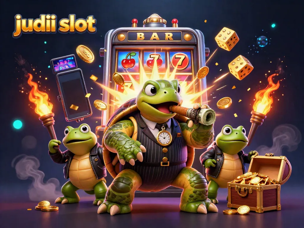 Judi slot dalam ilustrasi 3D unik dengan karakter penyu dan kodok, memikat perhatian pemain.