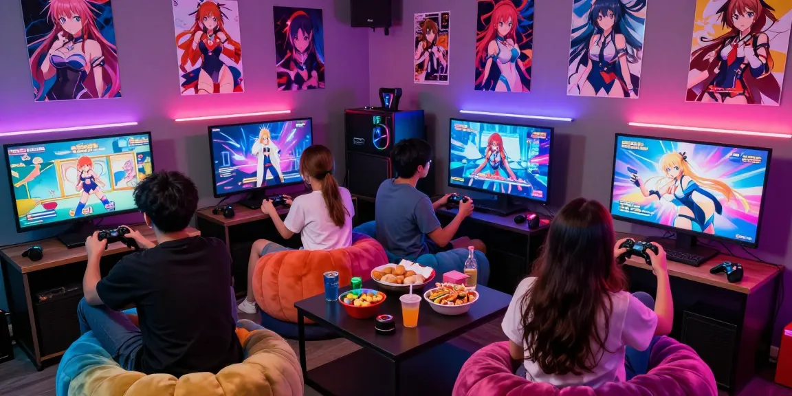 Friends playing hentai games on large screen in lively gaming lounge.