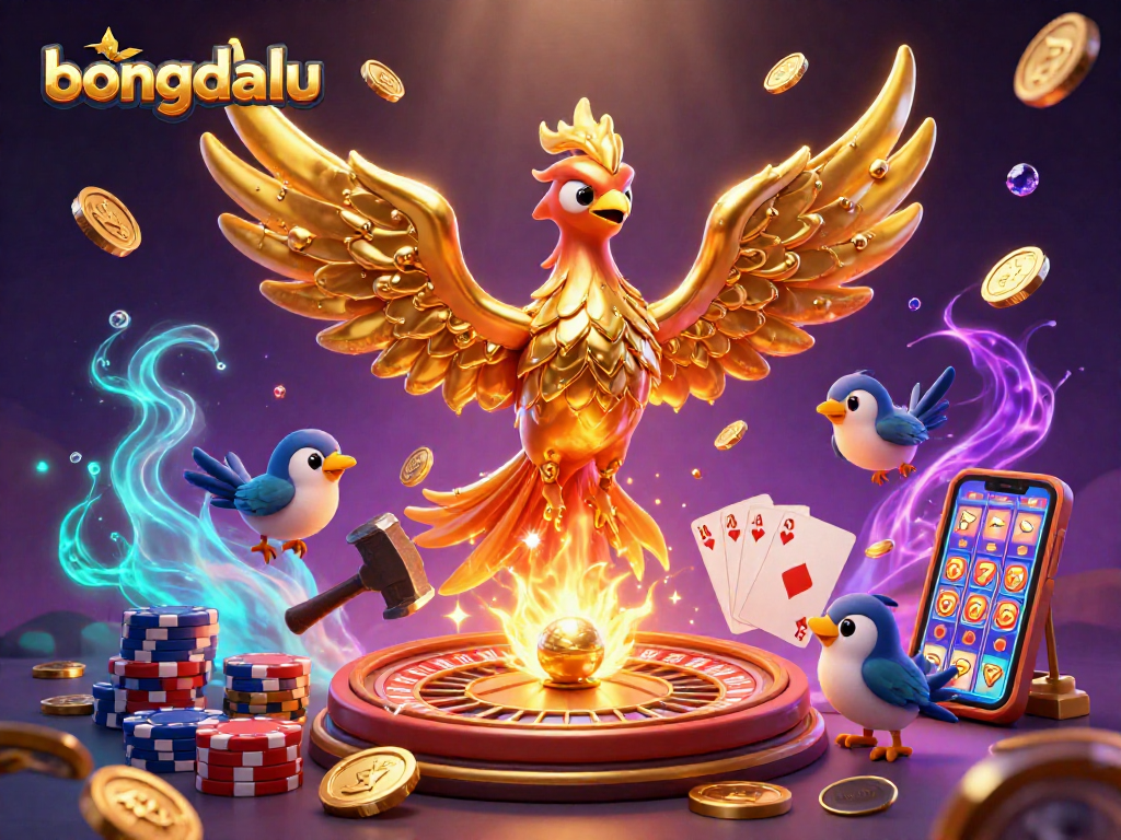 The golden phoenix symbolizing bongdalu emerges from a forge amidst cascading coins and casino elements.