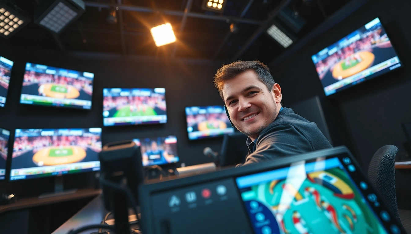 Announcer in a dynamic sports broadcasting studio providing live commentary on thrilling sports events.