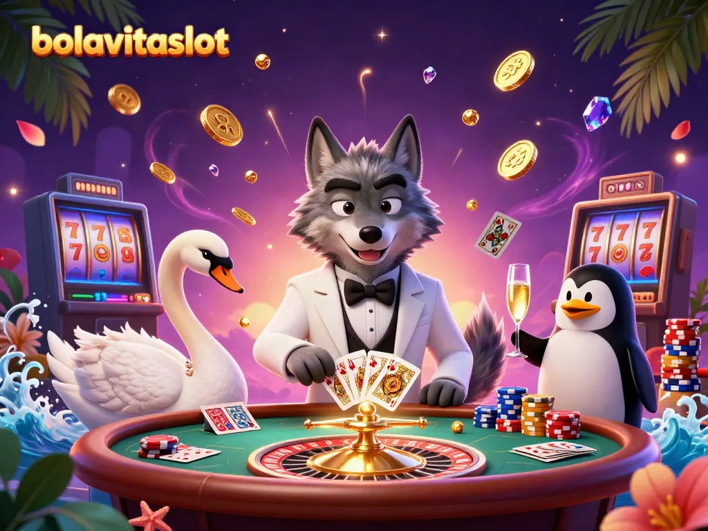 Engage with bolavitaslot featuring a debonair wolf and friends in a lively casino scene.