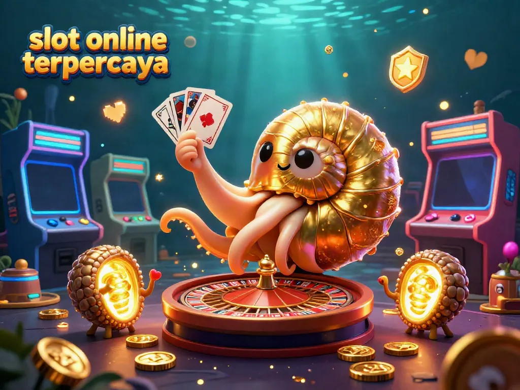 Mesin slot online terpercaya dengan karakter nautilus menggenggam kartu dan dikelilingi elemen permainan.