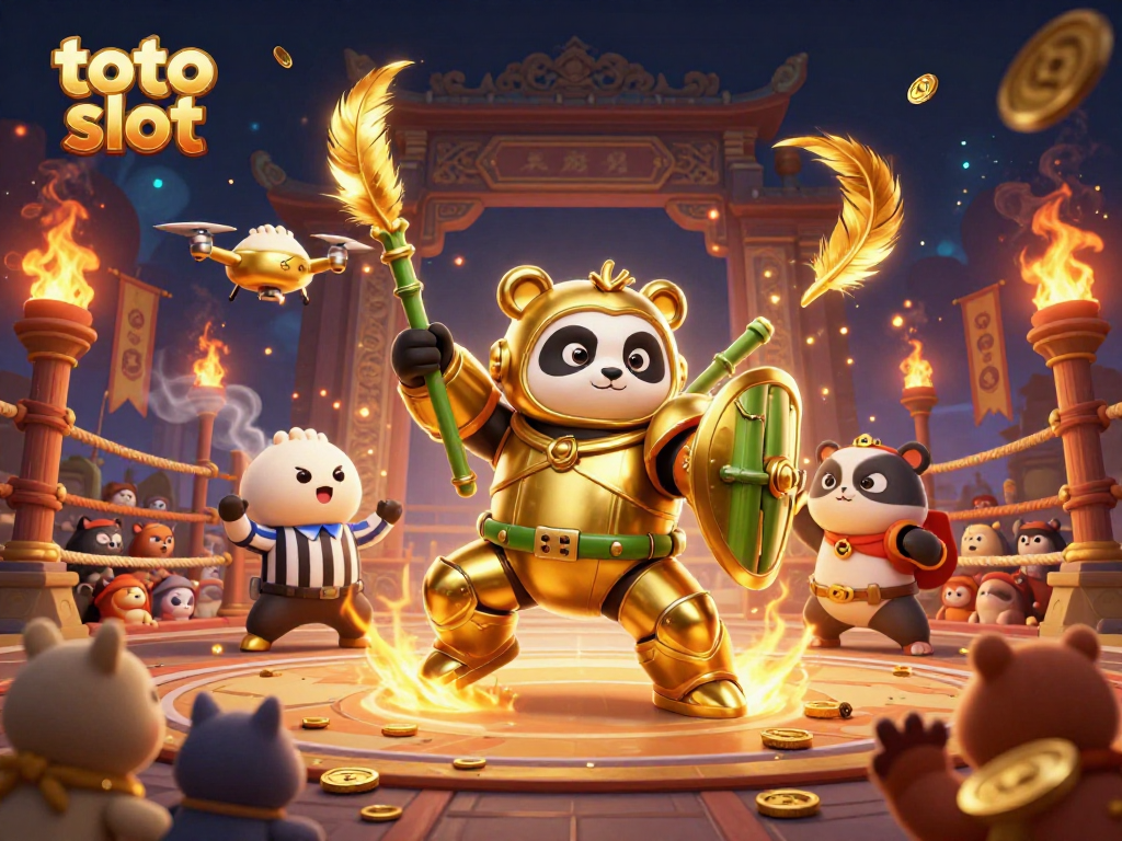 Engage in thrilling adventures with the toto slot featuring a golden panda in an action-packed arena.