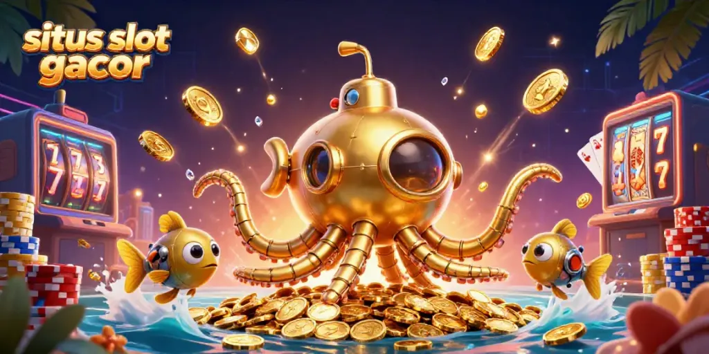 Experience the thrill of situs slot gacor with a dynamic scene of a golden kraken submarine and treasure.