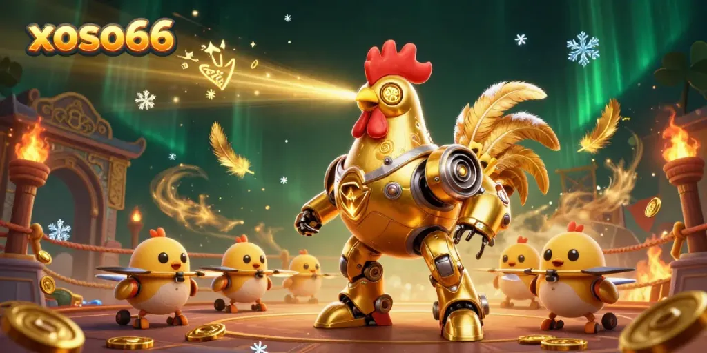 Engage with xoso66 in a thrilling gambling adventure featuring the golden rooster robot and baby chick drones.