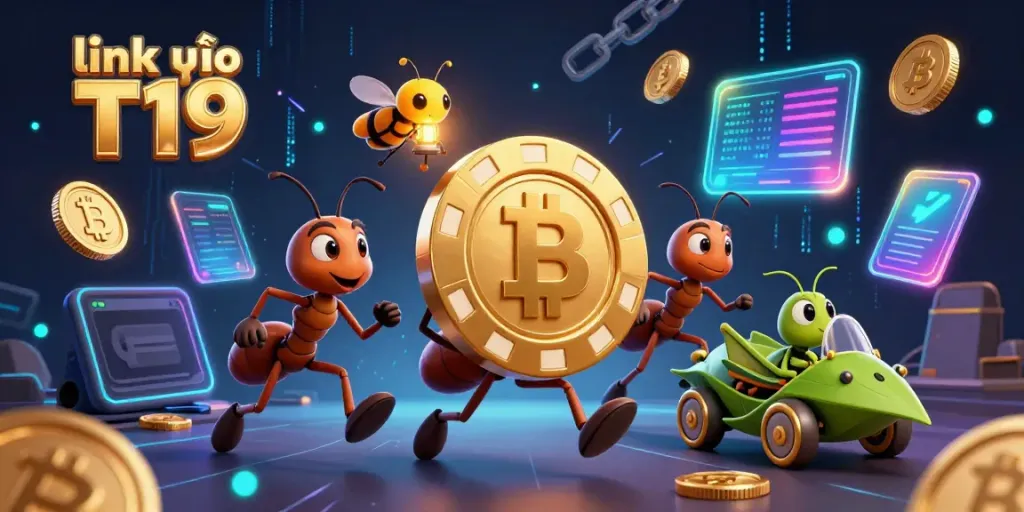 Experience the excitement of link vào T19 with cartoon ants stealing a giant poker chip amidst radiant crypto coins.